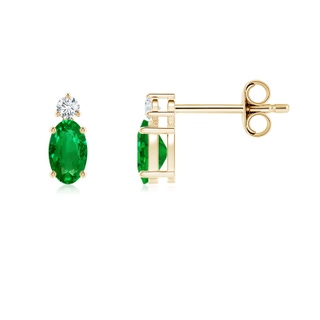 5x3mm AAAA Basket-Set Oval Emerald Stud Earrings with Diamond in Yellow Gold