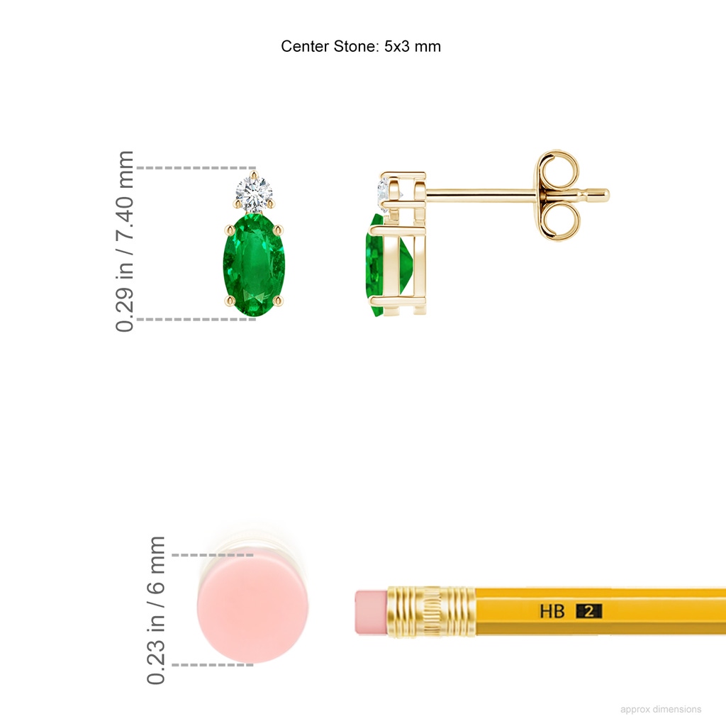 5x3mm AAAA Basket-Set Oval Emerald Stud Earrings with Diamond in Yellow Gold ruler