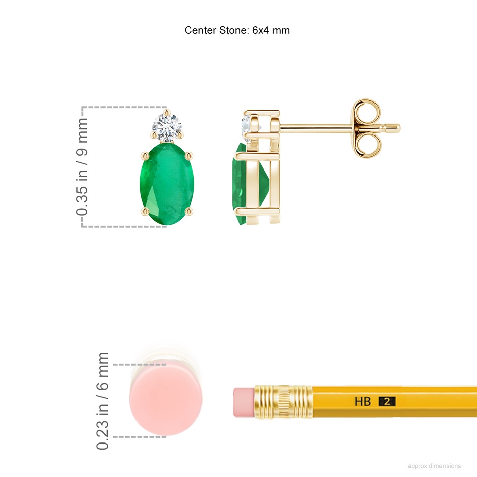 6x4mm A Basket-Set Oval Emerald Stud Earrings with Diamond in Yellow Gold ruler