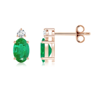 6x4mm AA Basket-Set Oval Emerald Stud Earrings with Diamond in Rose Gold