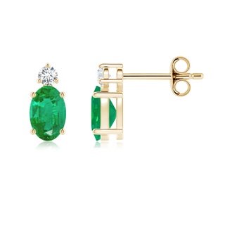 6x4mm AA Basket-Set Oval Emerald Stud Earrings with Diamond in Yellow Gold