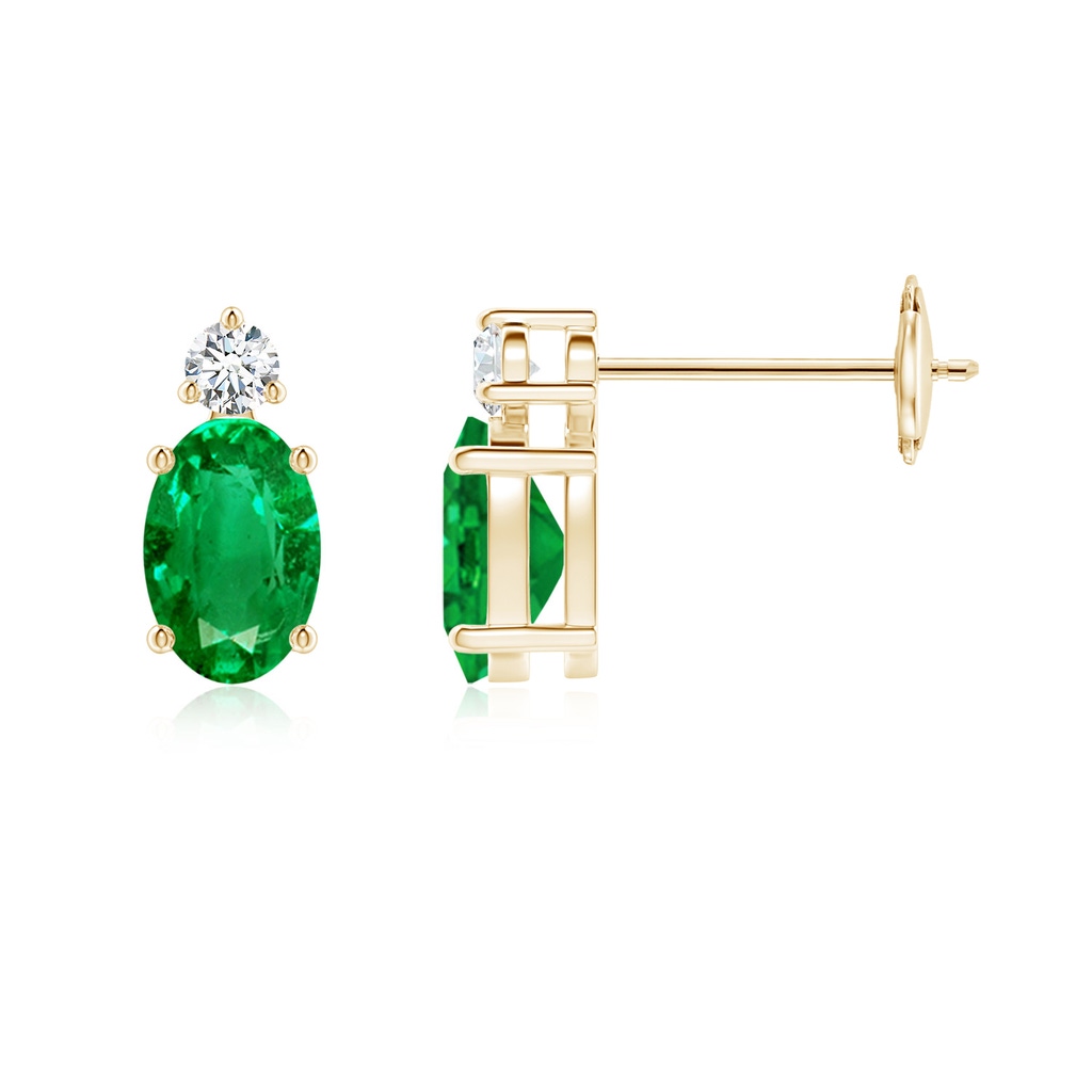 6x4mm AAA Basket-Set Oval Emerald Stud Earrings with Diamond in Yellow Gold