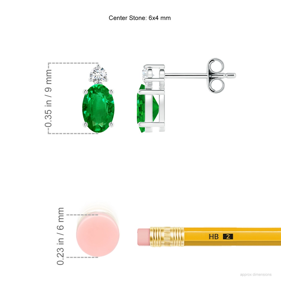 6x4mm AAAA Basket-Set Oval Emerald Stud Earrings with Diamond in 18K White Gold ruler