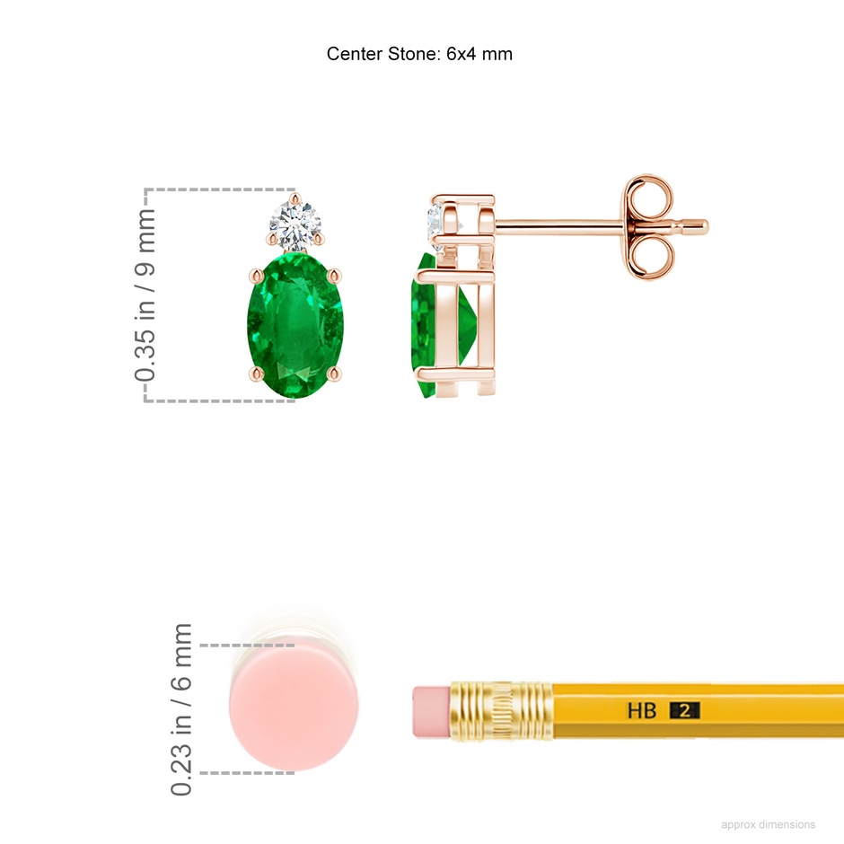 6x4mm AAAA Basket-Set Oval Emerald Stud Earrings with Diamond in Rose Gold ruler