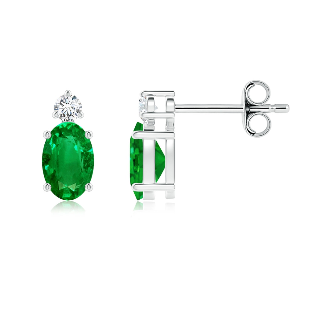 6x4mm AAAA Basket-Set Oval Emerald Stud Earrings with Diamond in White Gold