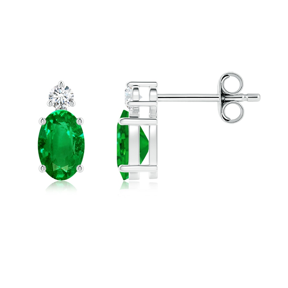 6x4mm AAAA Basket-Set Oval Emerald Stud Earrings with Diamond in White Gold 