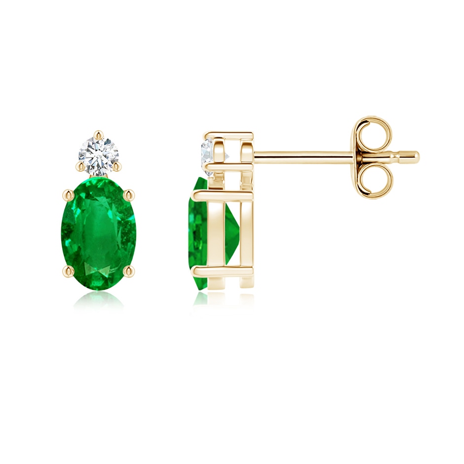 6x4mm AAAA Basket-Set Oval Emerald Stud Earrings with Diamond in Yellow Gold 