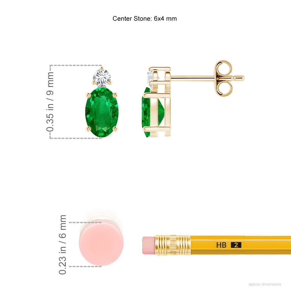 6x4mm AAAA Basket-Set Oval Emerald Stud Earrings with Diamond in Yellow Gold ruler