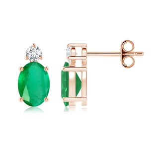 7x5mm A Basket-Set Oval Emerald Stud Earrings with Diamond in Rose Gold