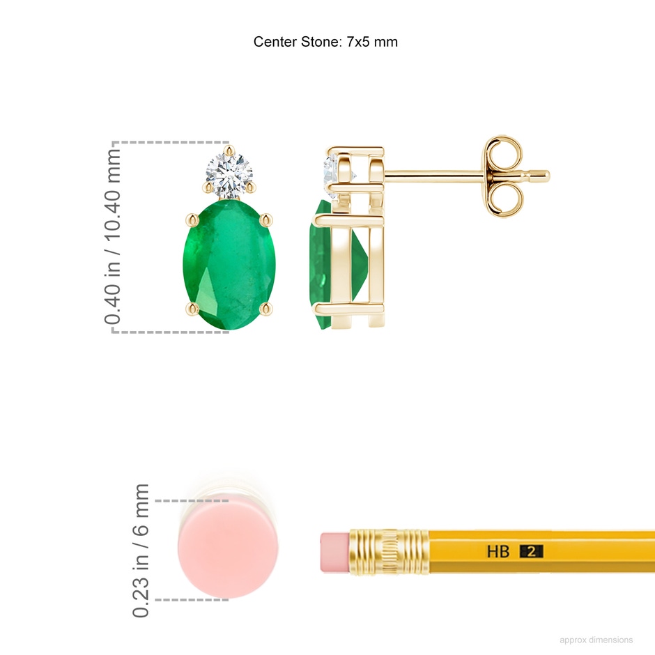 7x5mm A Basket-Set Oval Emerald Stud Earrings with Diamond in Yellow Gold ruler