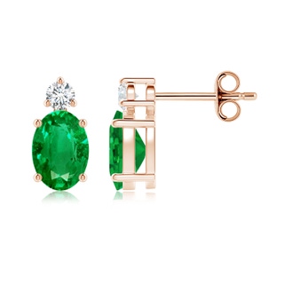 7x5mm AAA Basket-Set Oval Emerald Stud Earrings with Diamond in Rose Gold