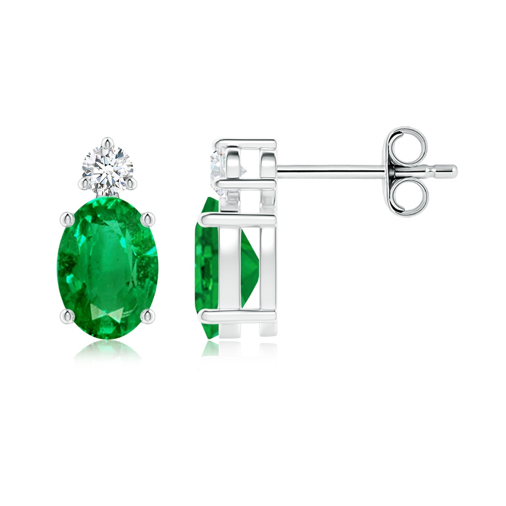 7x5mm AAA Basket-Set Oval Emerald Stud Earrings with Diamond in White Gold