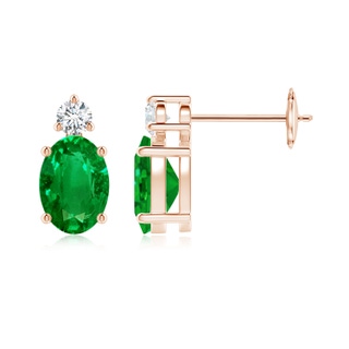 7x5mm AAAA Basket-Set Oval Emerald Stud Earrings with Diamond in 10K Rose Gold