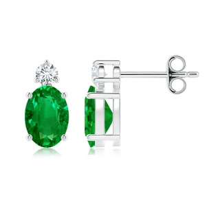 7x5mm AAAA Basket-Set Oval Emerald Stud Earrings with Diamond in White Gold