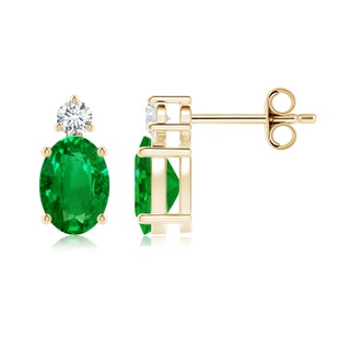 7x5mm AAAA Basket-Set Oval Emerald Stud Earrings with Diamond in Yellow Gold