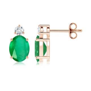 8x6mm A Basket-Set Oval Emerald Stud Earrings with Diamond in Rose Gold