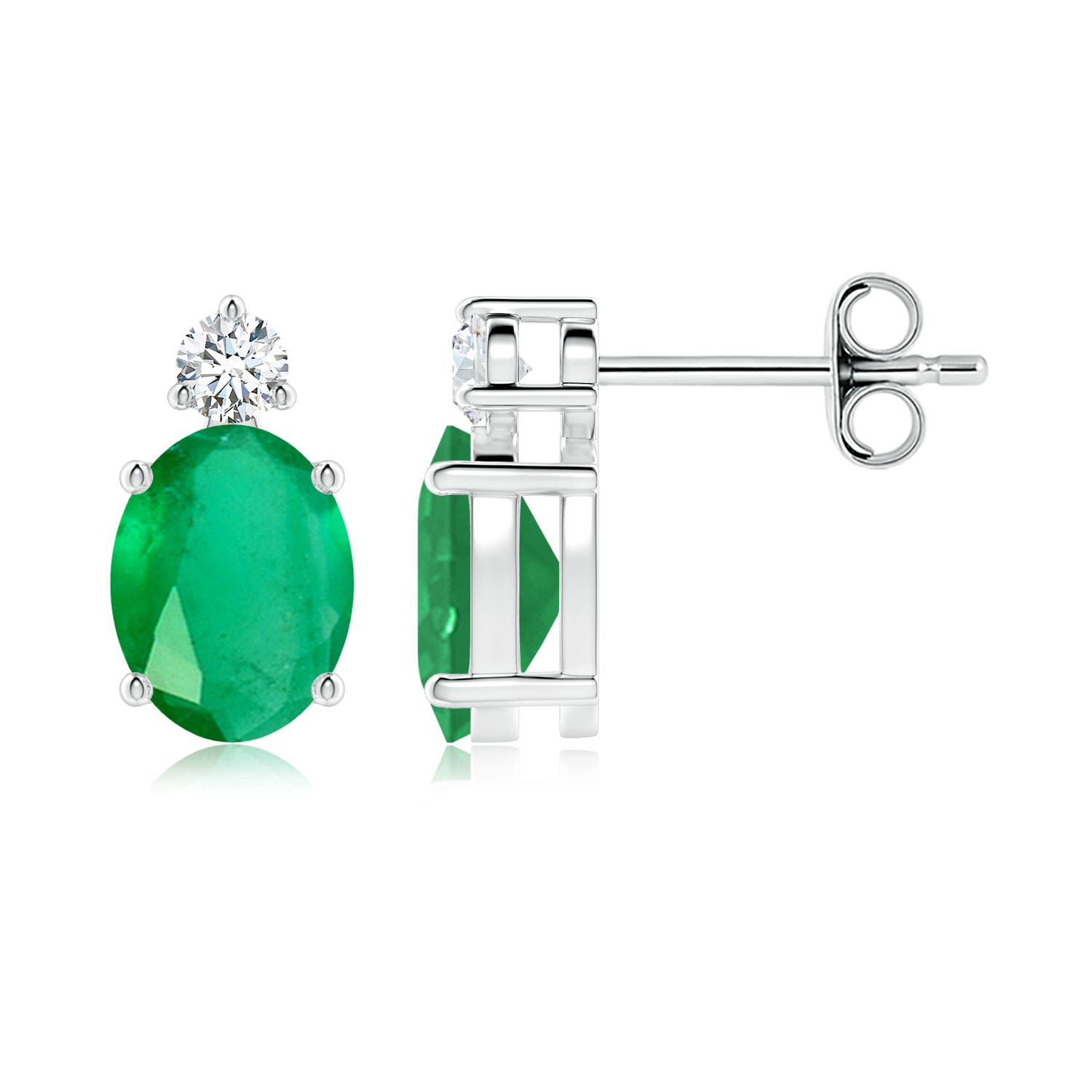 8x6mm A Basket-Set Oval Emerald Stud Earrings with Diamond in White Gold