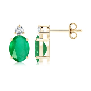 8x6mm A Basket-Set Oval Emerald Stud Earrings with Diamond in Yellow Gold