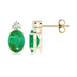 8x6mm AA Basket-Set Oval Emerald Stud Earrings with Diamond in Yellow Gold