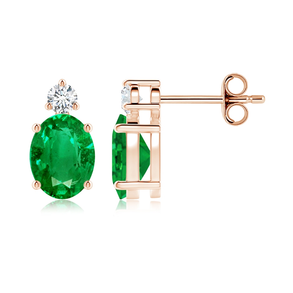 8x6mm AAA Basket-Set Oval Emerald Stud Earrings with Diamond in Rose Gold 