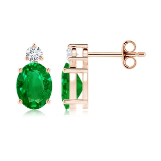 8x6mm AAAA Basket-Set Oval Emerald Stud Earrings with Diamond in 18K Rose Gold