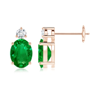 8x6mm AAAA Basket-Set Oval Emerald Stud Earrings with Diamond in Rose Gold