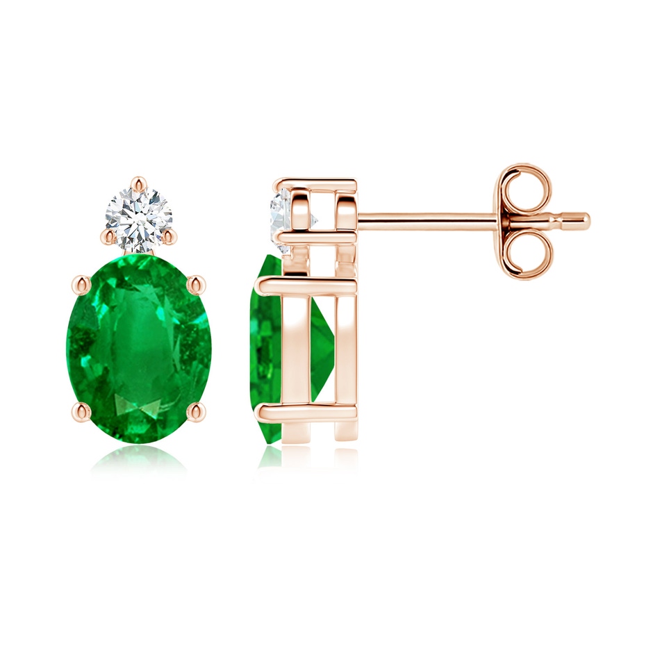 8x6mm AAAA Basket-Set Oval Emerald Stud Earrings with Diamond in Rose Gold 