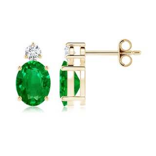 8x6mm AAAA Basket-Set Oval Emerald Stud Earrings with Diamond in Yellow Gold
