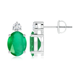 9x7mm A Basket-Set Oval Emerald Stud Earrings with Diamond in P950 Platinum