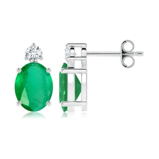 9x7mm A Basket-Set Oval Emerald Stud Earrings with Diamond in White Gold