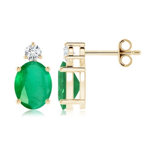 9x7mm A Basket-Set Oval Emerald Stud Earrings with Diamond in Yellow Gold
