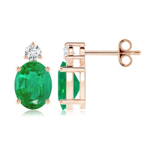 9x7mm AA Basket-Set Oval Emerald Stud Earrings with Diamond in Rose Gold