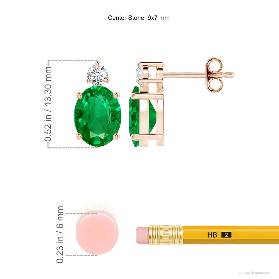 9x7mm AAA Basket-Set Oval Emerald Stud Earrings with Diamond in 18K Rose Gold ruler
