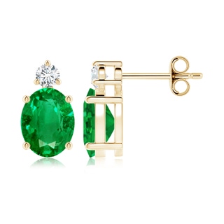 9x7mm AAA Basket-Set Oval Emerald Stud Earrings with Diamond in Yellow Gold