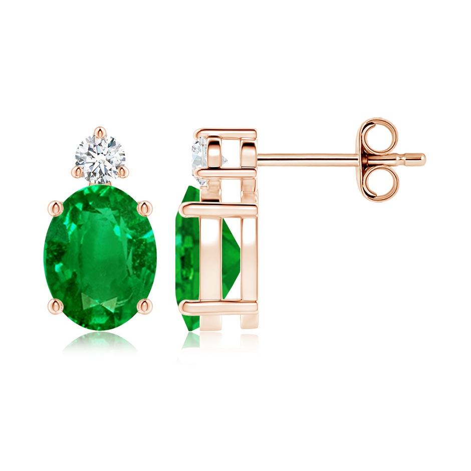 9x7mm AAAA Basket-Set Oval Emerald Stud Earrings with Diamond in Rose Gold 