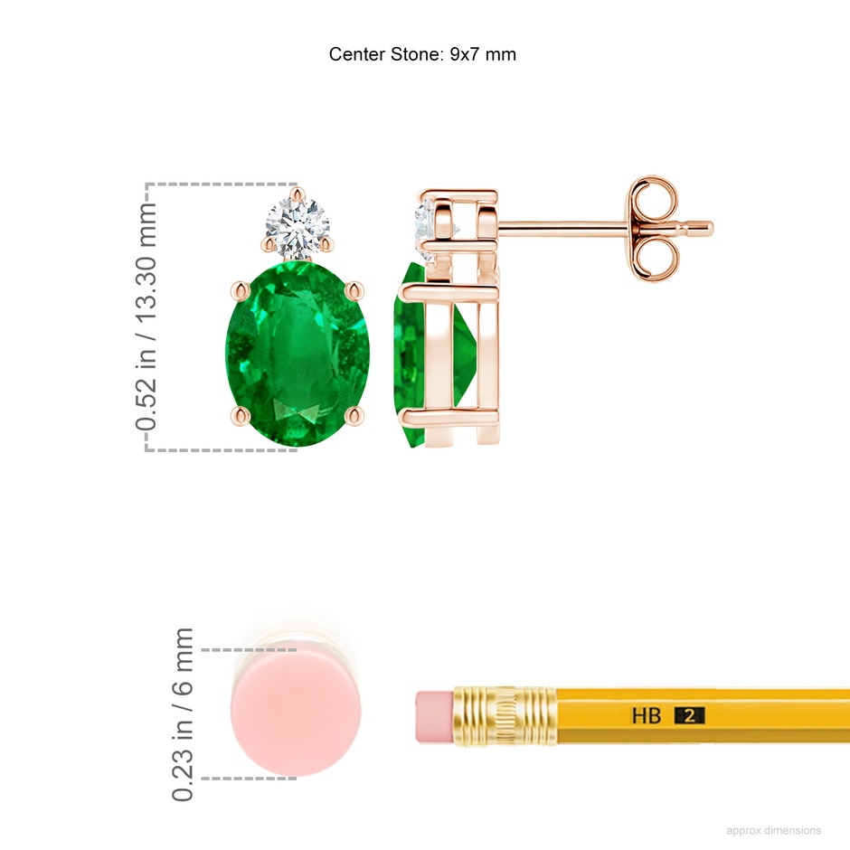 9x7mm AAAA Basket-Set Oval Emerald Stud Earrings with Diamond in Rose Gold ruler