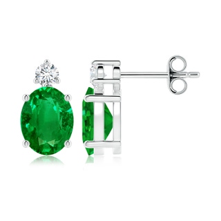 9x7mm AAAA Basket-Set Oval Emerald Stud Earrings with Diamond in White Gold