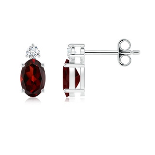 6x4mm AAA Basket-Set Oval Garnet Stud Earrings with Diamond in White Gold