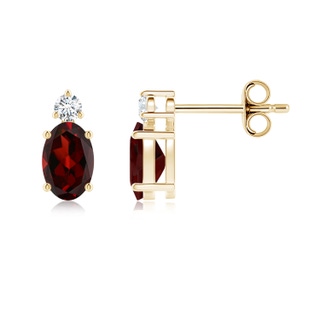 6x4mm AAA Basket-Set Oval Garnet Stud Earrings with Diamond in Yellow Gold