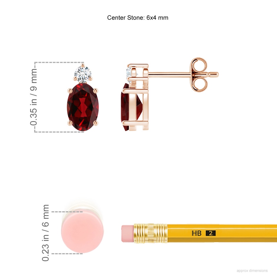 6x4mm AAAA Basket-Set Oval Garnet Stud Earrings with Diamond in Rose Gold ruler