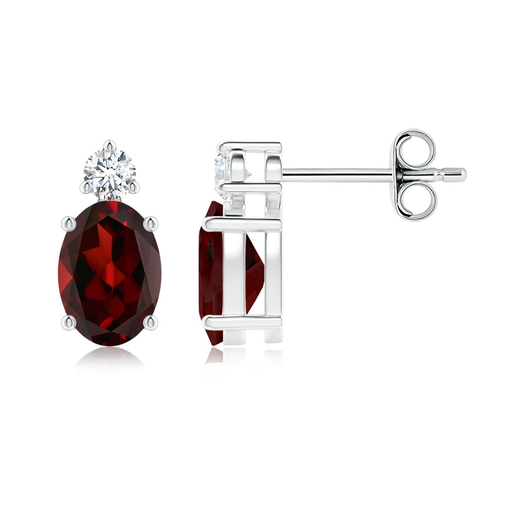 7x5mm AAA Basket-Set Oval Garnet Stud Earrings with Diamond in White Gold