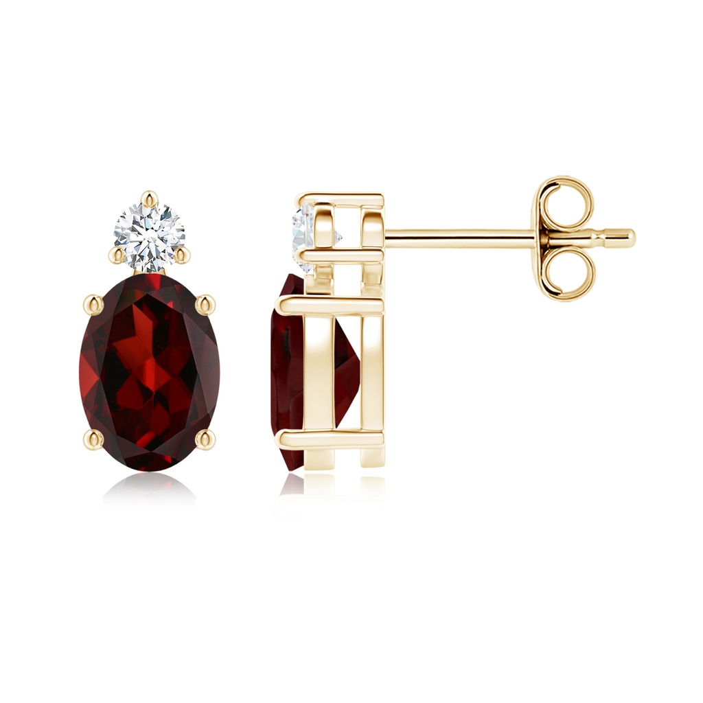 7x5mm AAA Basket-Set Oval Garnet Stud Earrings with Diamond in Yellow Gold