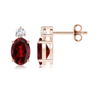 7x5mm AAAA Basket-Set Oval Garnet Stud Earrings with Diamond in Rose Gold