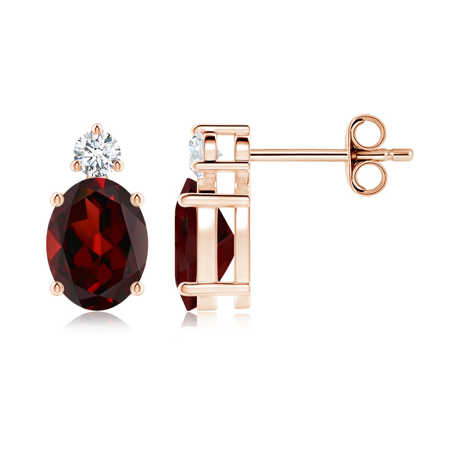 8x6mm AAA Basket-Set Oval Garnet Stud Earrings with Diamond in 18CT Rose Gold