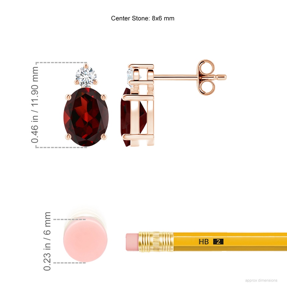 8x6mm AAA Basket-Set Oval Garnet Stud Earrings with Diamond in Rose Gold ruler
