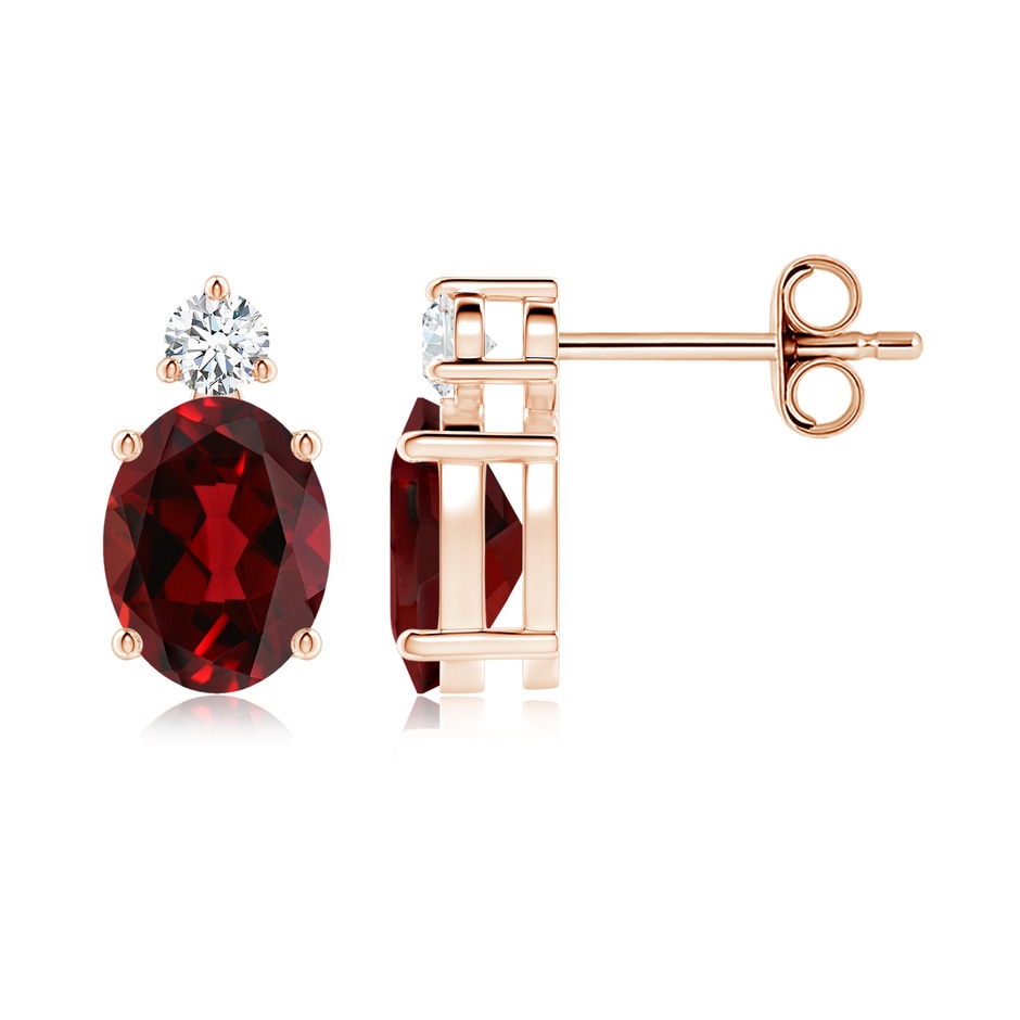 8x6mm AAAA Basket-Set Oval Garnet Stud Earrings with Diamond in Rose Gold 