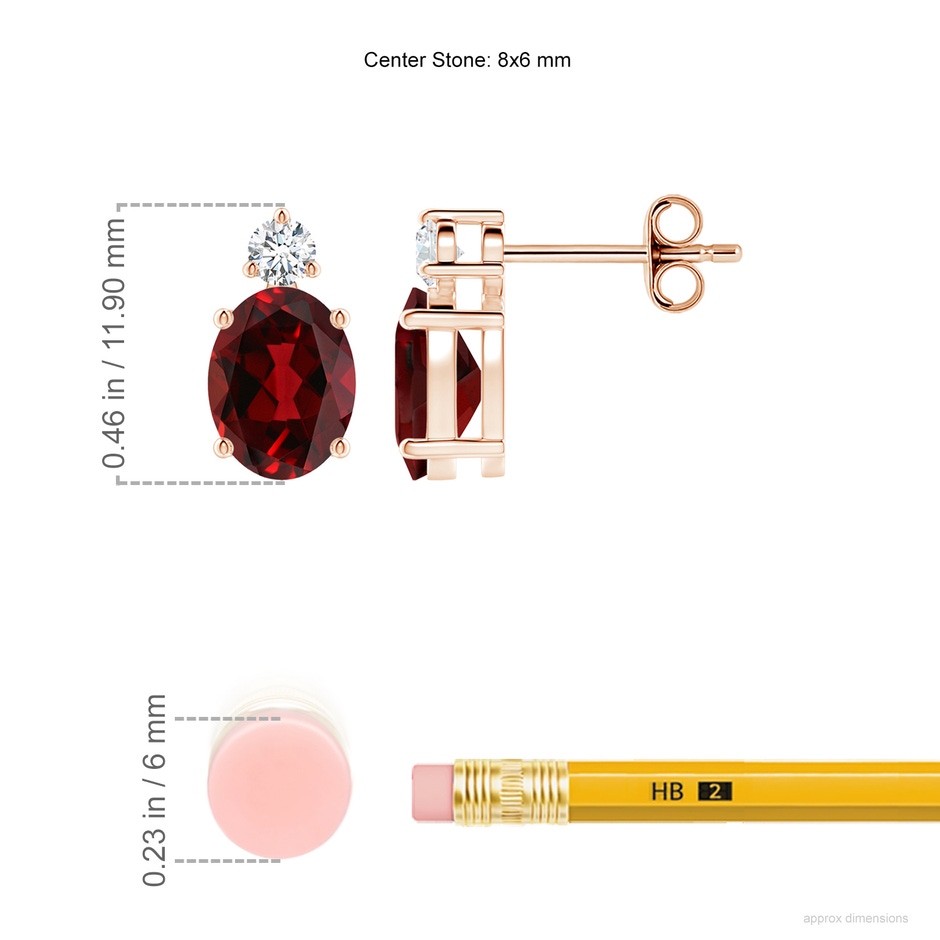 8x6mm AAAA Basket-Set Oval Garnet Stud Earrings with Diamond in Rose Gold ruler