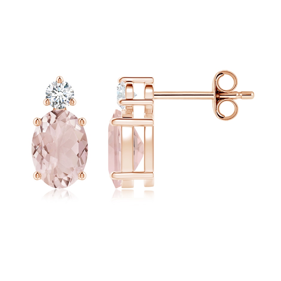 7x5mm A Basket-Set Oval Morganite Stud Earrings with Diamond in Rose Gold 