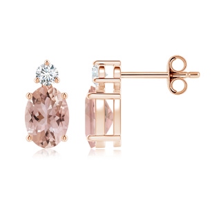 7x5mm AAA Basket-Set Oval Morganite Stud Earrings with Diamond in 9K Rose Gold
