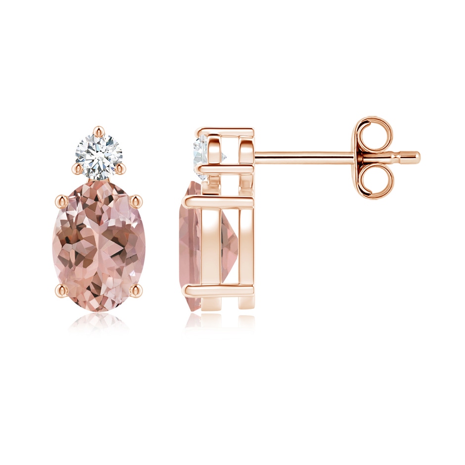 7x5mm AAAA Basket-Set Oval Morganite Stud Earrings with Diamond in Rose Gold 